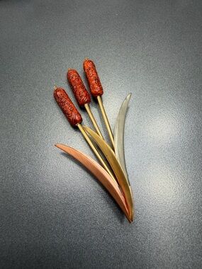 Vintage Trio Cattail Brooch - Red and Mixed Metal